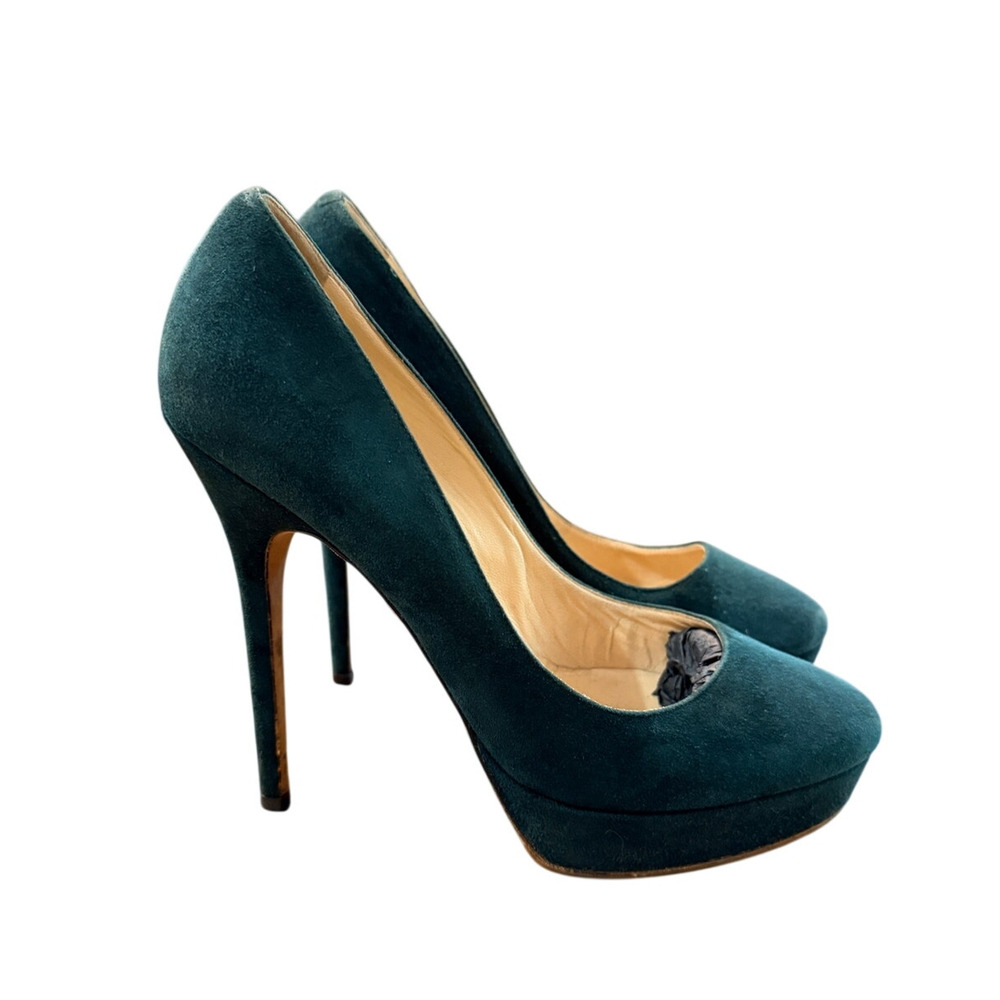Jimmy Choo 38 Cosmic 120 Platform Suede Pumps Stiletto Heels 8 Forest Green